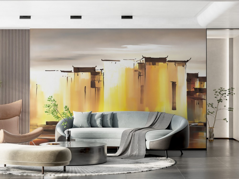 Yağlı Boya Dokulu Soyut Şehir ve Nehir Manzaralı Modern Duvar Kağıdı