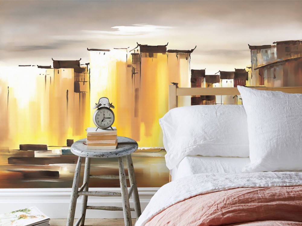 Yağlı Boya Dokulu Soyut Şehir ve Nehir Manzaralı Modern Duvar Kağıdı