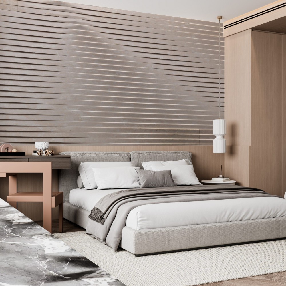 Yatay Dalgalı Beton Dokulu ve Vizon Tonlu Modern Duvar Kağıdı