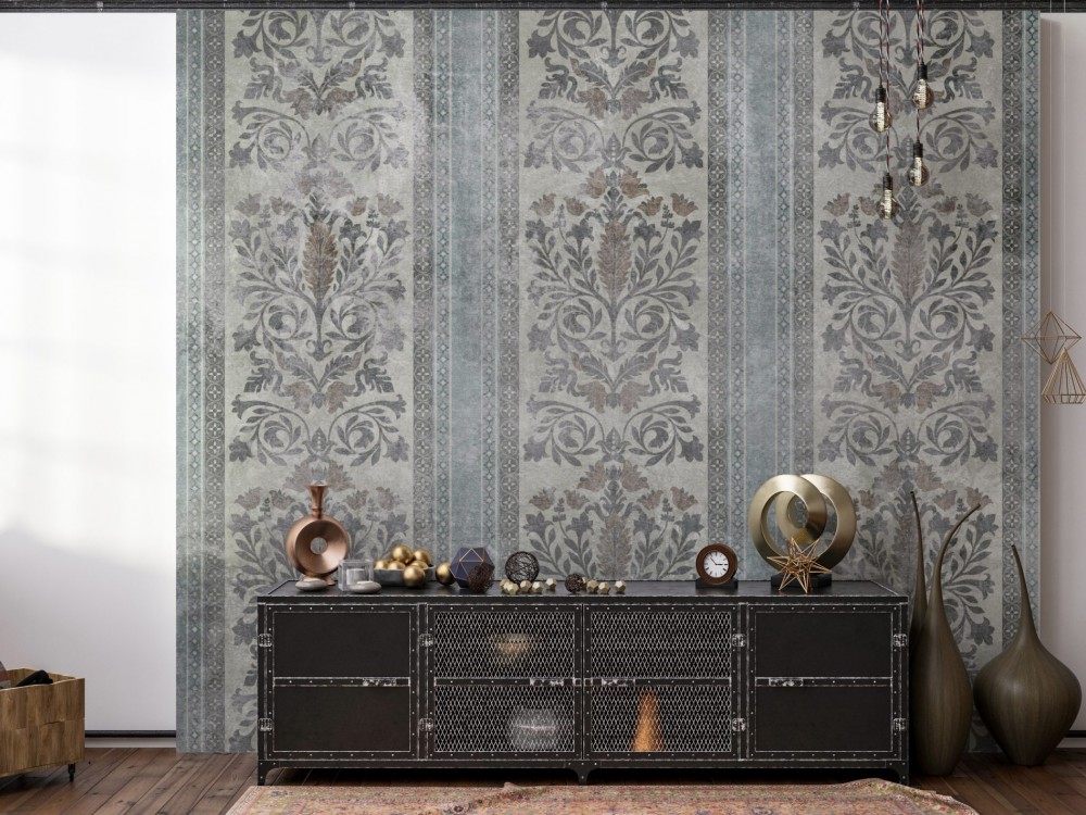 Dikey Çizgili Barok Desenli ve Eskitme Dokulu Duvar Kağıdı