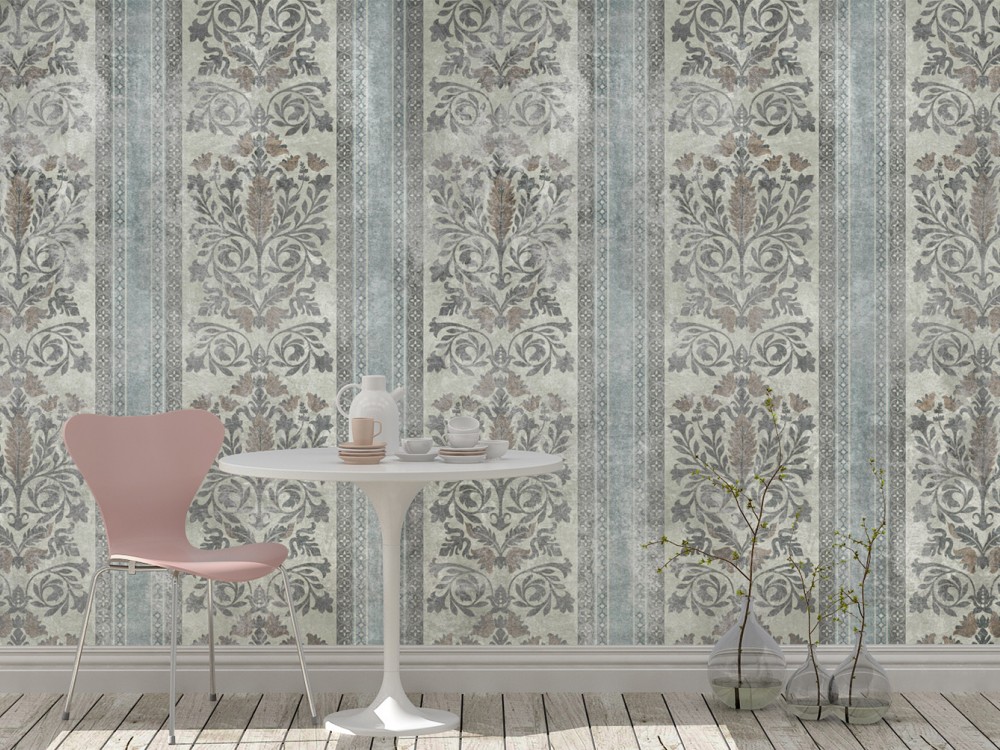 Dikey Çizgili Barok Desenli ve Eskitme Dokulu Duvar Kağıdı