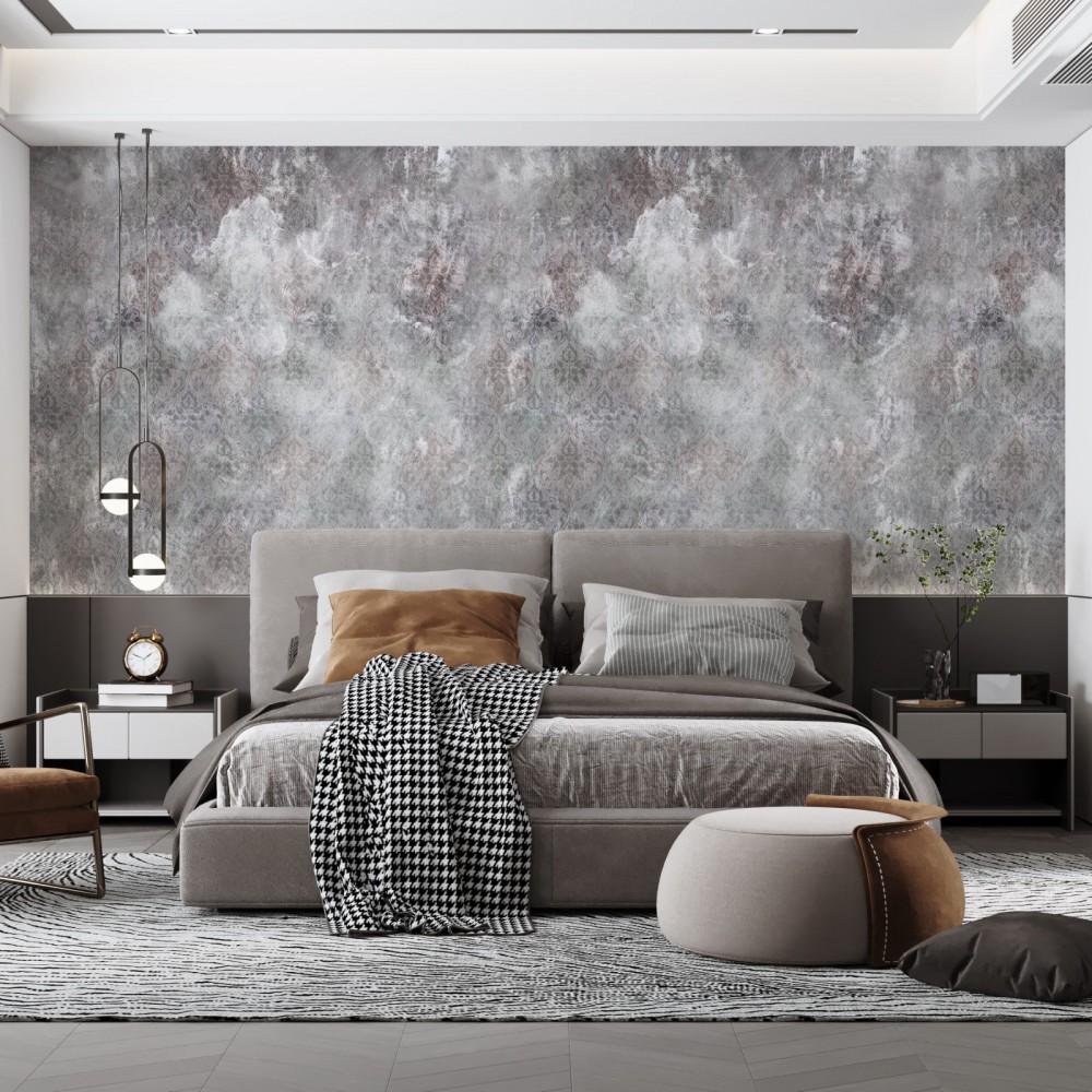 Antrasit Eskitme Beton Dokulu Klasik Motifli Duvar Kağıdı