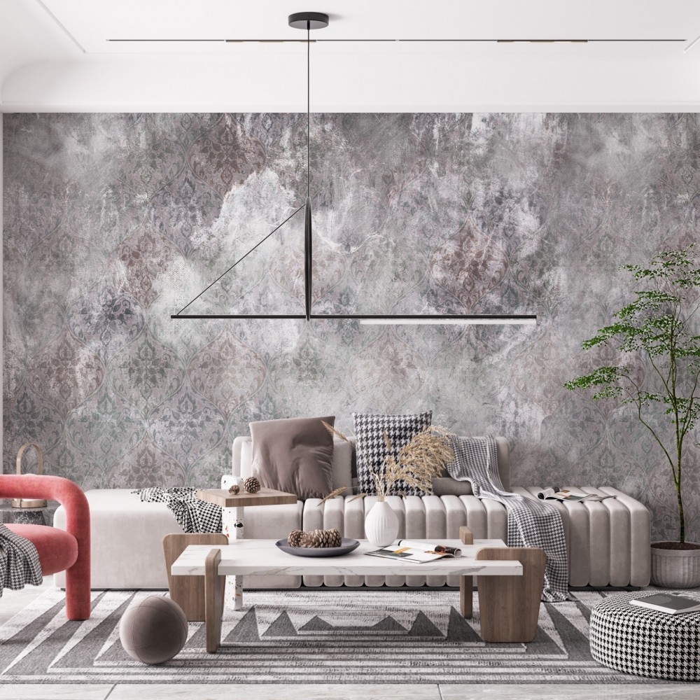 Antrasit Eskitme Beton Dokulu Klasik Motifli Duvar Kağıdı