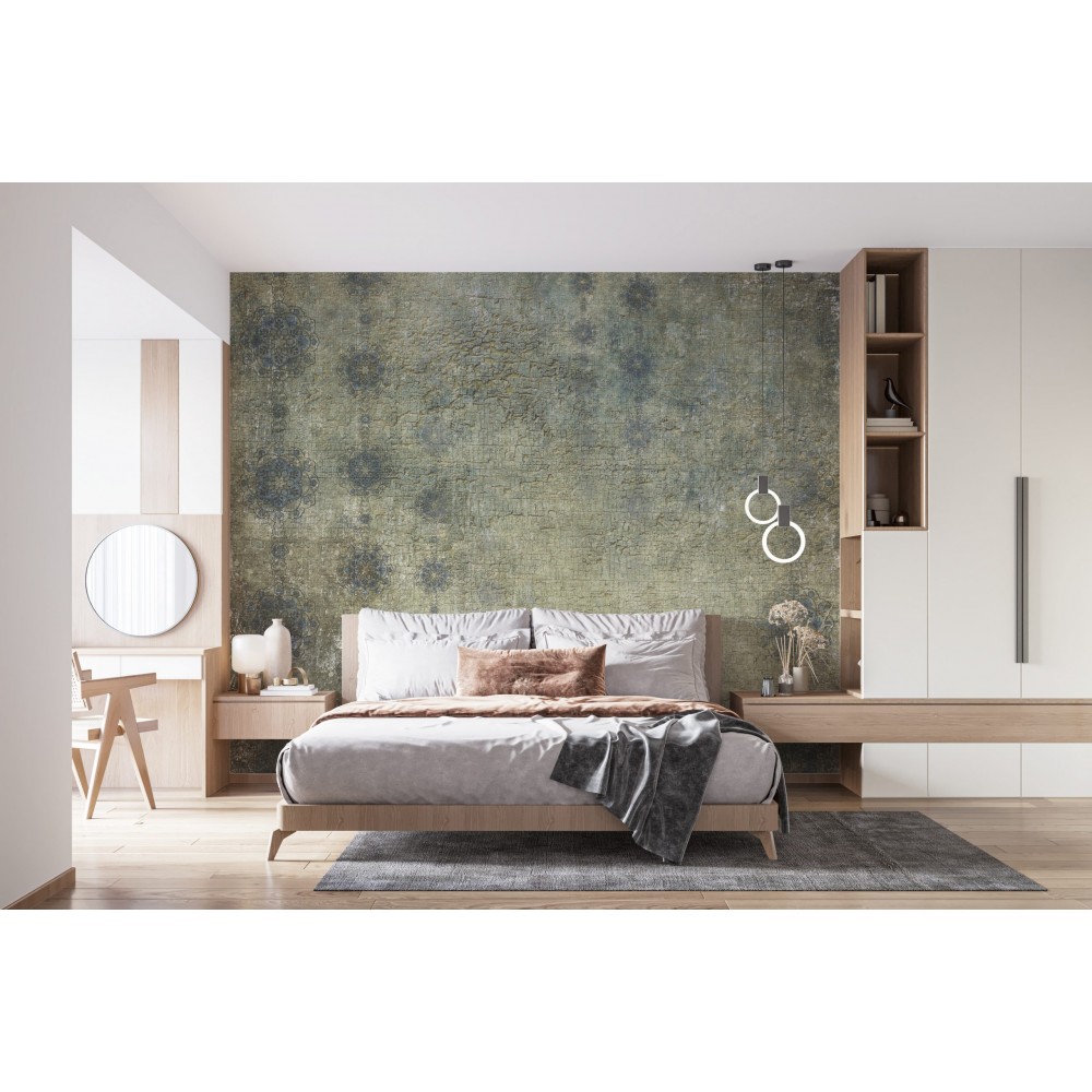 Yosun Yeşili Eskitme Dokulu ve Klasik Motifli Duvar Kağıdı