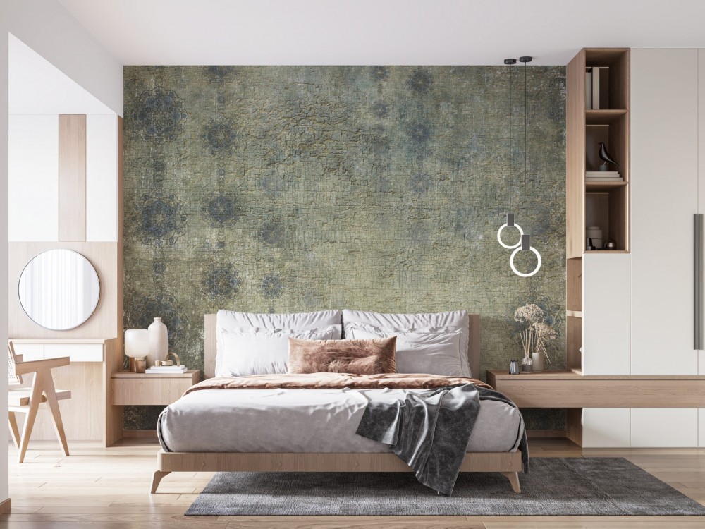 Yosun Yeşili Eskitme Dokulu ve Klasik Motifli Duvar Kağıdı