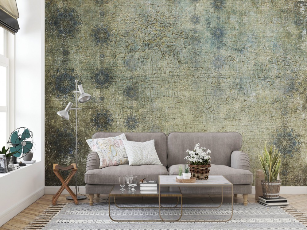 Yosun Yeşili Eskitme Dokulu ve Klasik Motifli Duvar Kağıdı