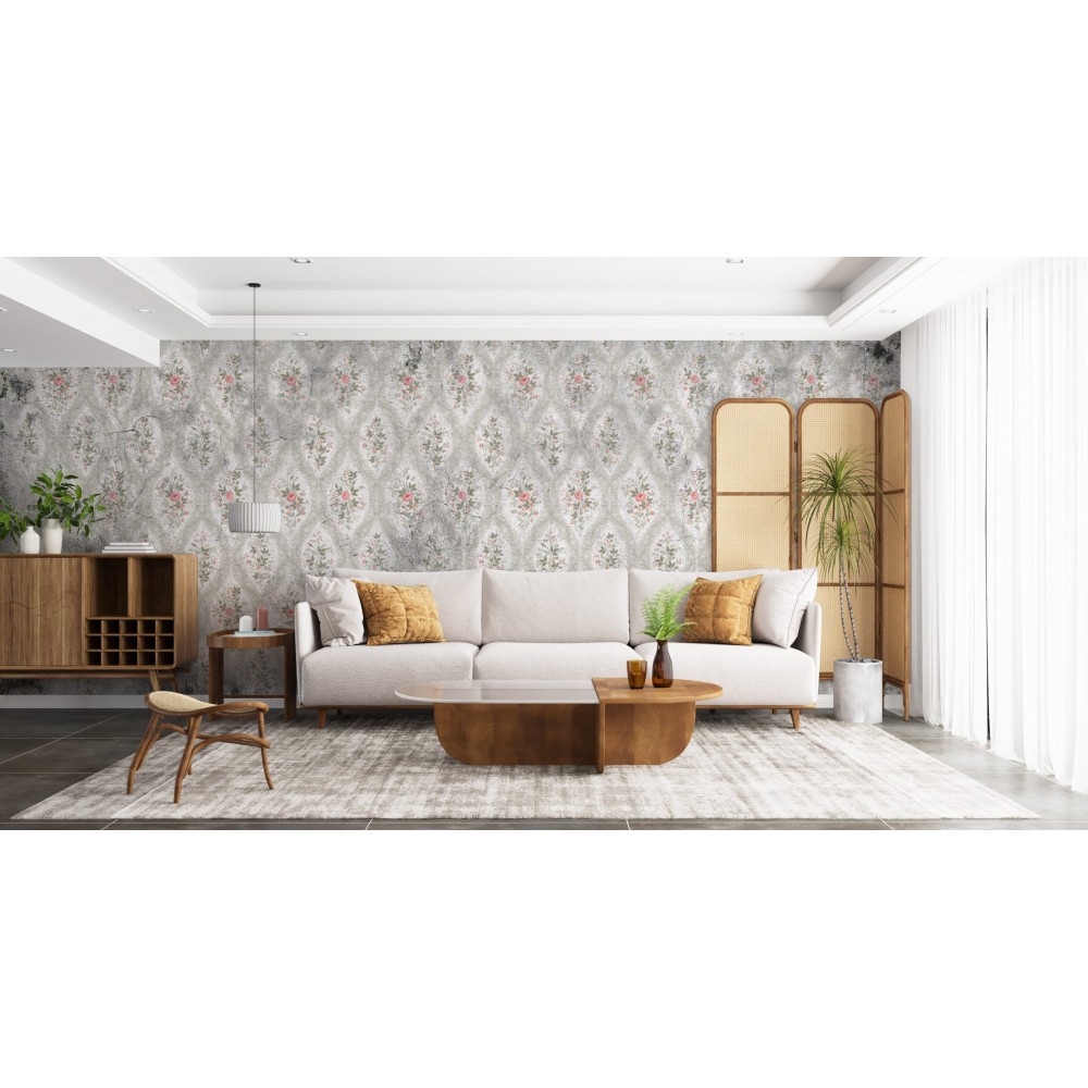 Eskitme Beton Dokulu ve Küçük Gül Buketli Duvar Kağıdı