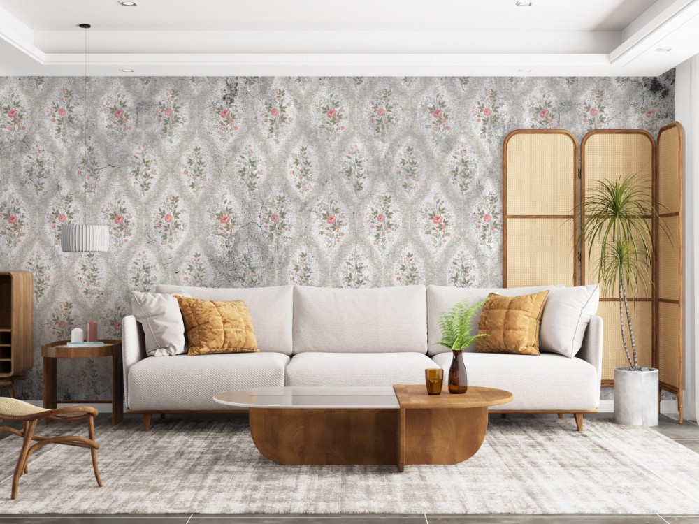 Eskitme Beton Dokulu ve Küçük Gül Buketli Duvar Kağıdı