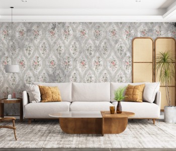 Eskitme Beton Dokulu ve Küçük Gül Buketli Duvar Kağıdı