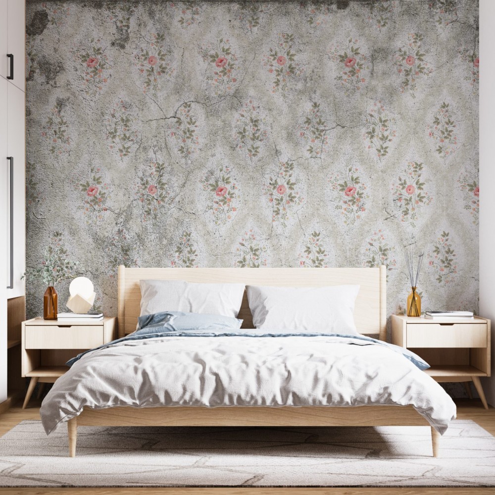 Eskitme Beton Dokulu ve Küçük Gül Buketli Duvar Kağıdı