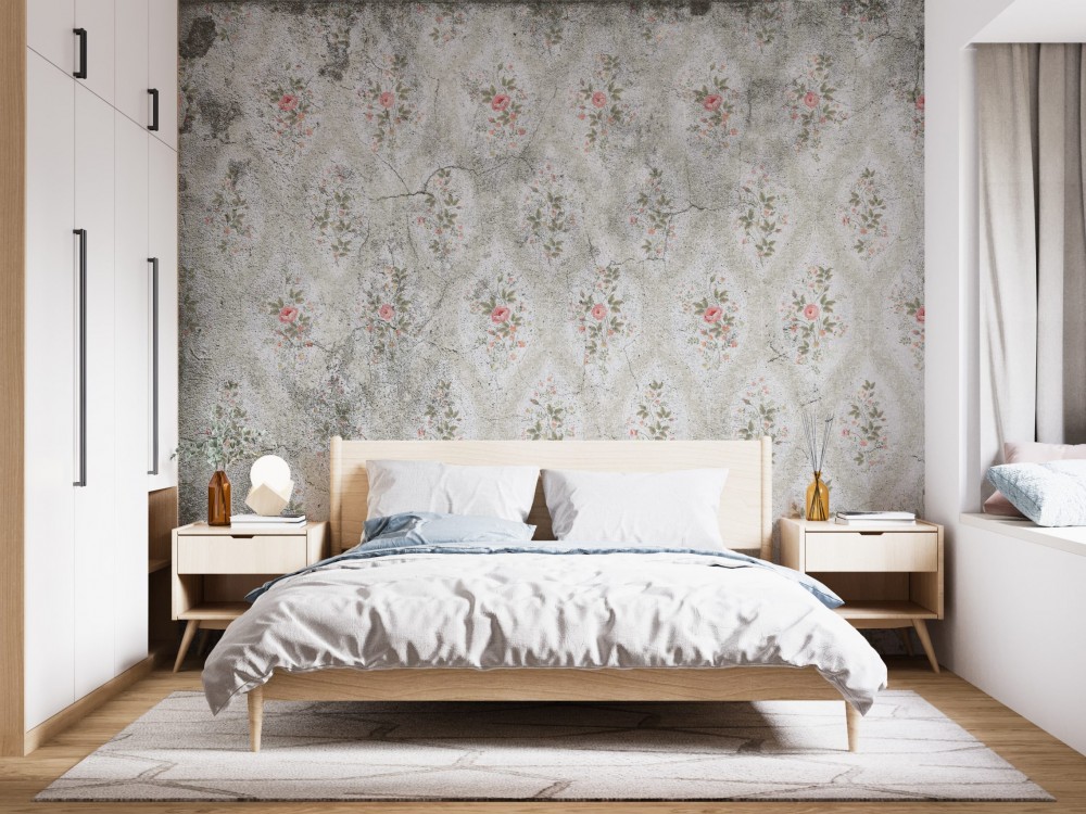 Eskitme Beton Dokulu ve Küçük Gül Buketli Duvar Kağıdı