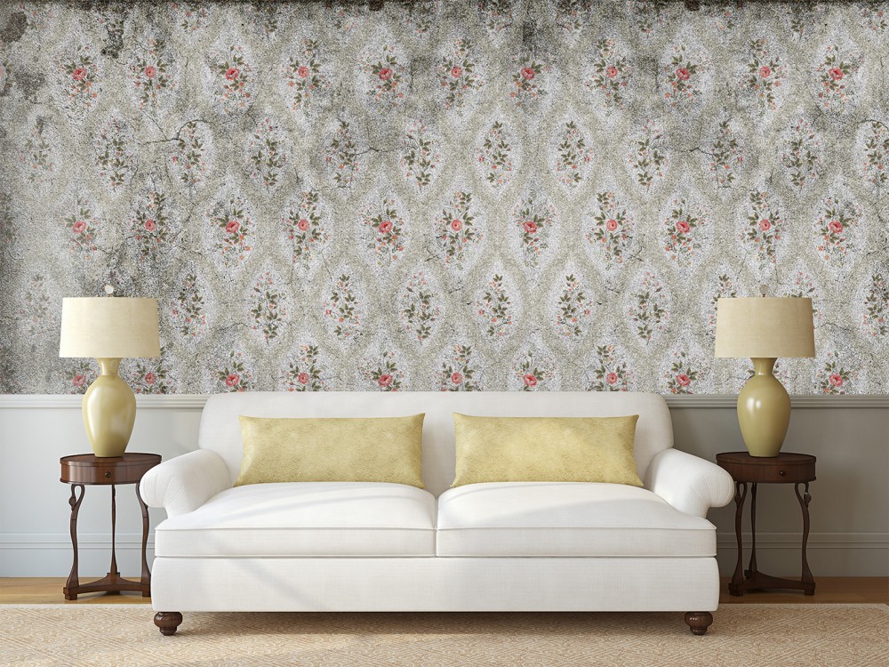 Eskitme Beton Dokulu ve Küçük Gül Buketli Duvar Kağıdı