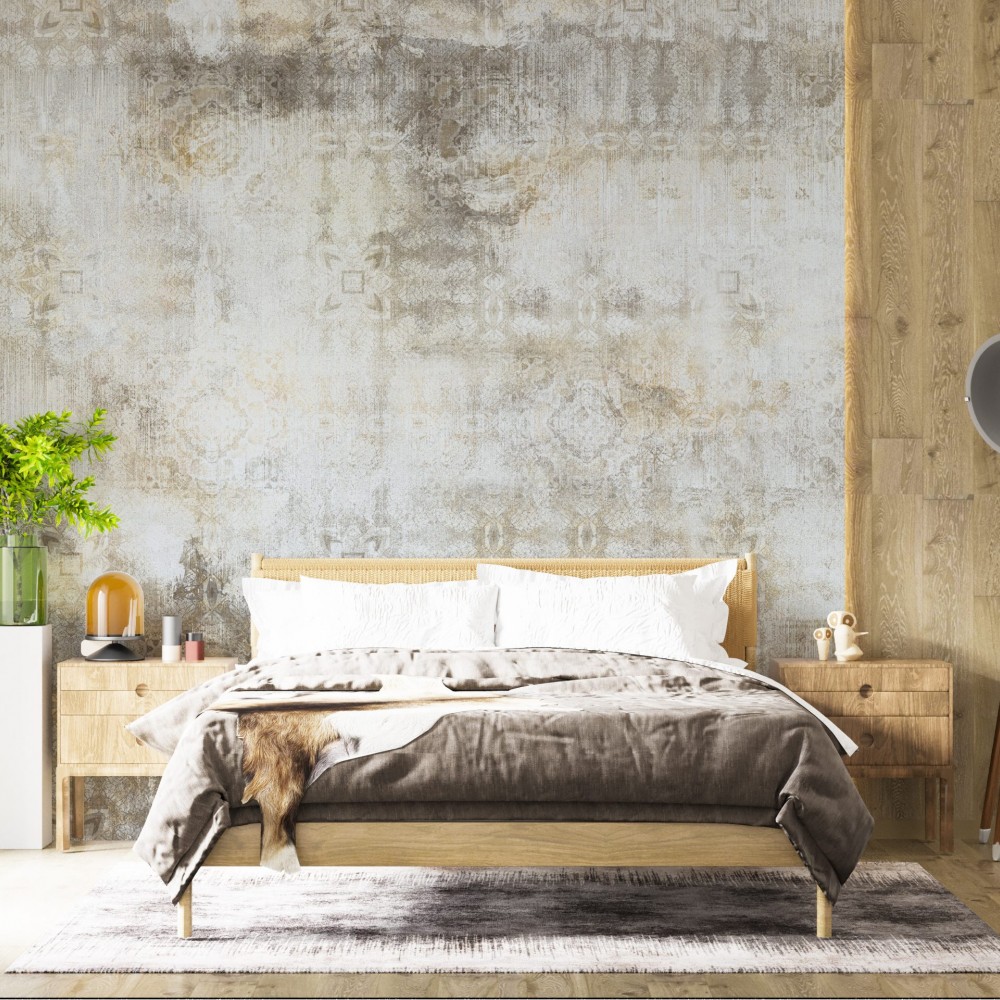 Bej ve Vizon Beton Eskitme Dokulu Klasik Motifli Duvar Kağıdı