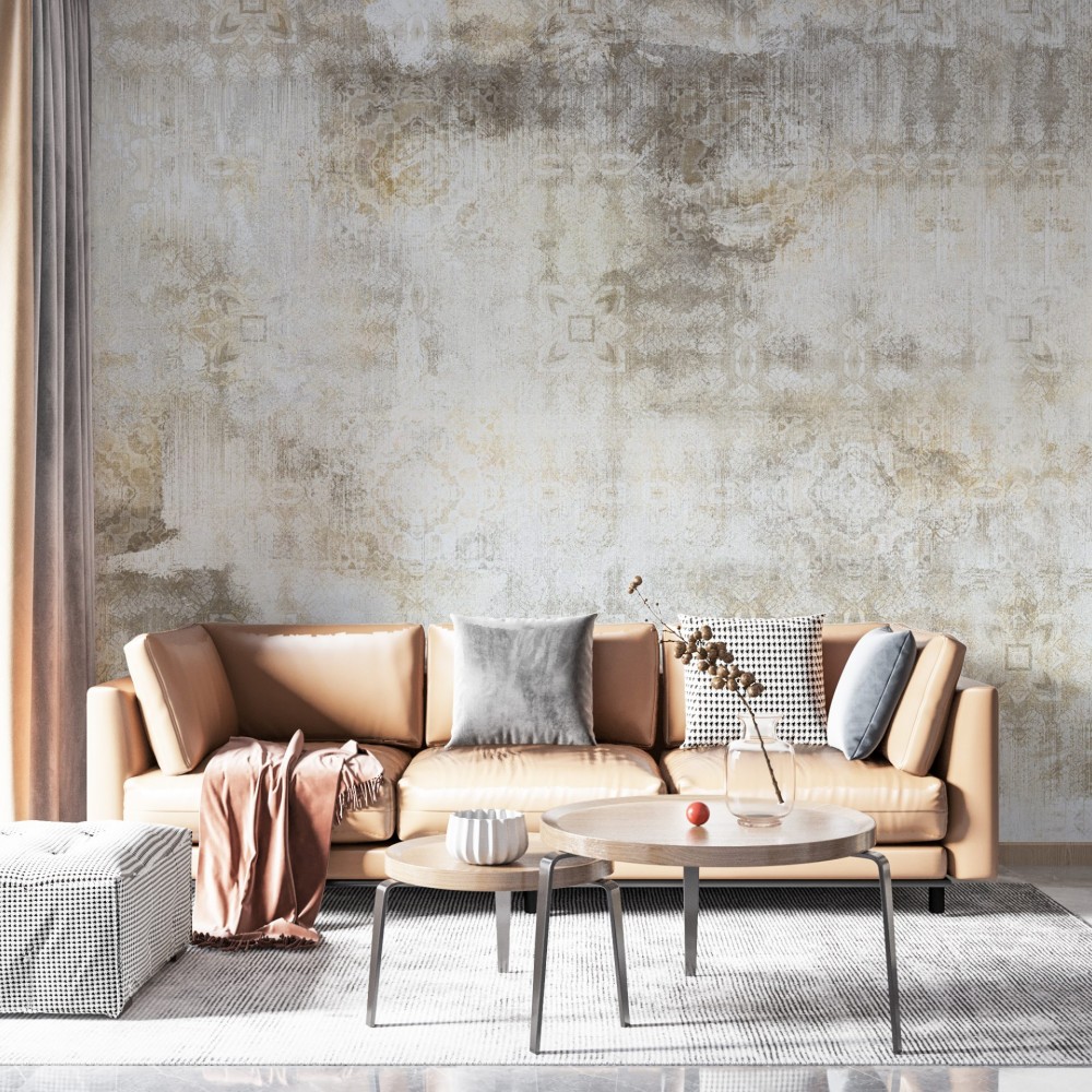 Bej ve Vizon Beton Eskitme Dokulu Klasik Motifli Duvar Kağıdı