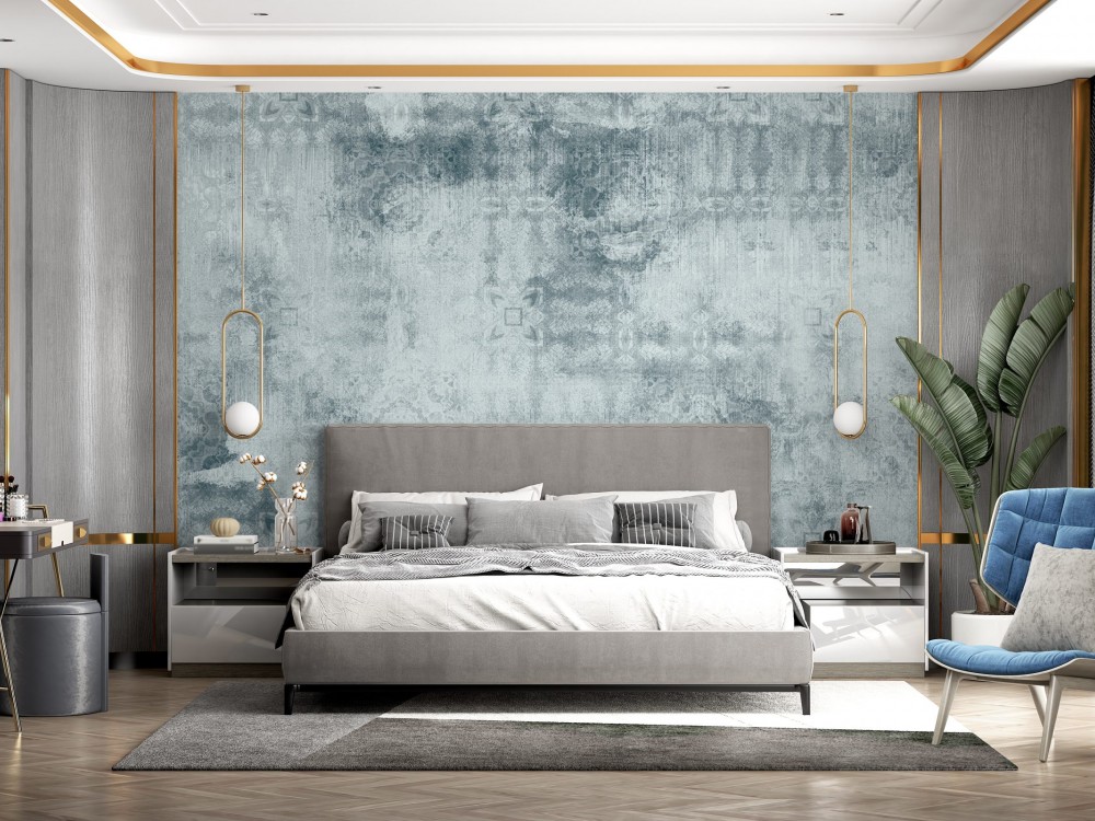 Turkuaz Zemin Üzerine Belli Belirsiz Damask Desenli Duvar Kağıdı