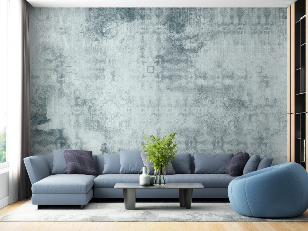 Turkuaz Zemin Üzerine Belli Belirsiz Damask Desenli Duvar Kağıdı