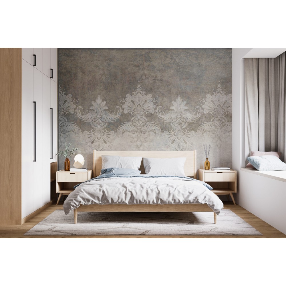 Füme Beton Dokulu ve Beyaz Barok Bordürlü Duvar Kağıdı