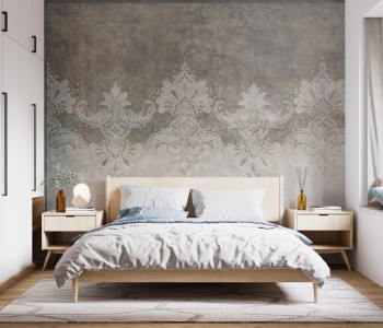 Füme Beton Dokulu ve Beyaz Barok Bordürlü Duvar Kağıdı