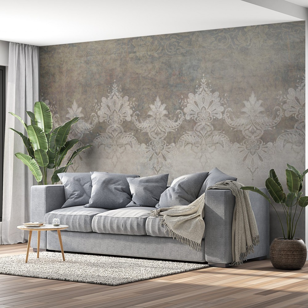 Füme Beton Dokulu ve Beyaz Barok Bordürlü Duvar Kağıdı