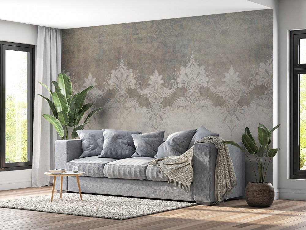 Füme Beton Dokulu ve Beyaz Barok Bordürlü Duvar Kağıdı