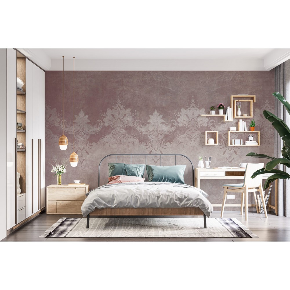 Gül Kurusu Zemin Üzerine Dantel Motifli Vintage Duvar Kağıdı