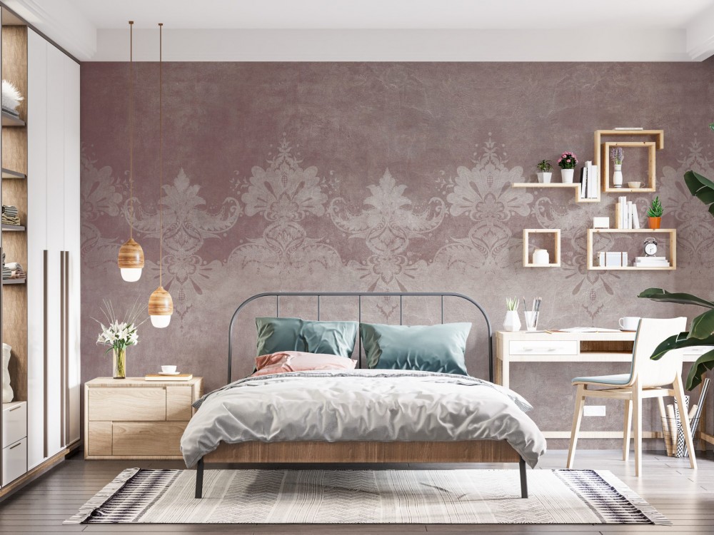 Gül Kurusu Zemin Üzerine Dantel Motifli Vintage Duvar Kağıdı