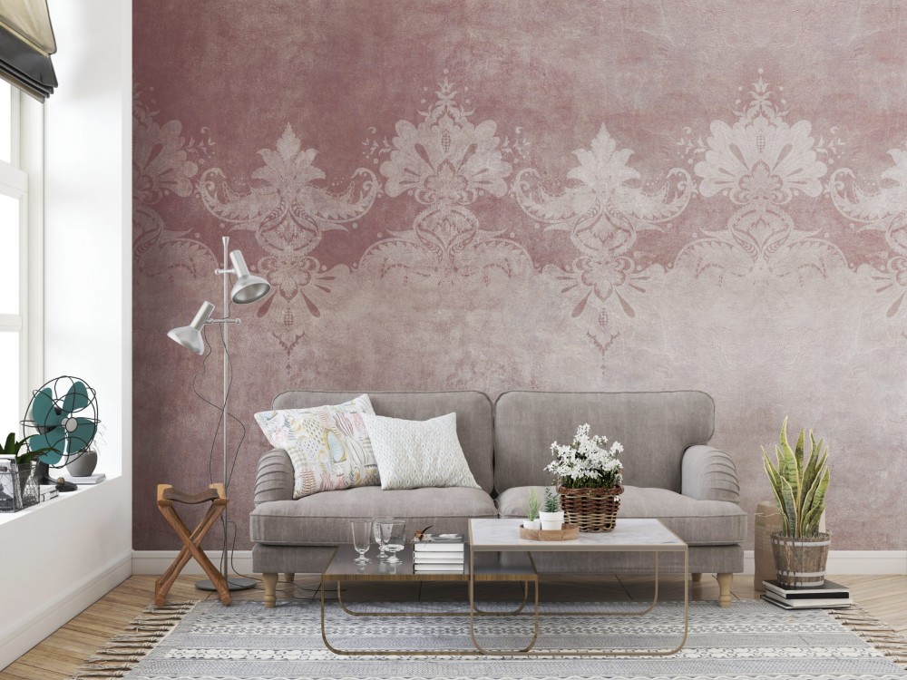 Gül Kurusu Zemin Üzerine Dantel Motifli Vintage Duvar Kağıdı