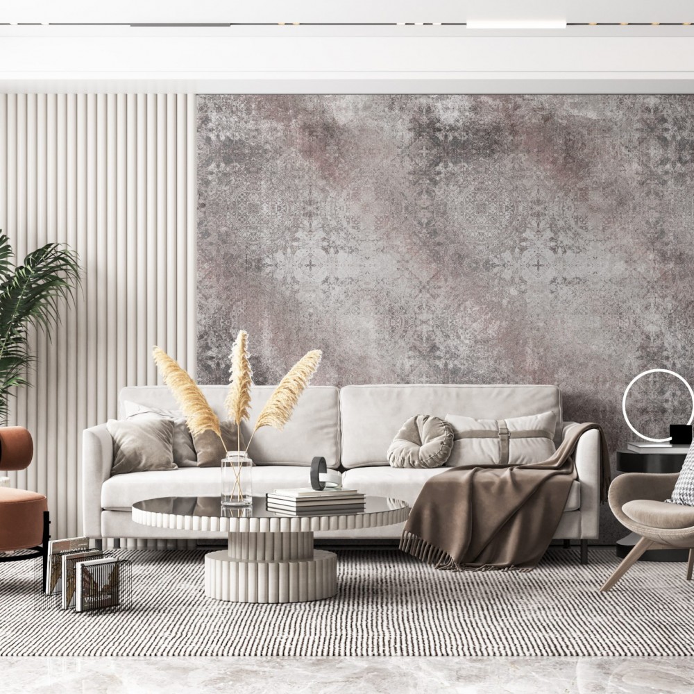 Mürdüm ve Gri Eskitme Dokulu Barok Desenli Duvar Kağıdı