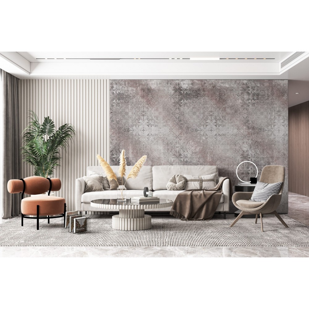 Mürdüm ve Gri Eskitme Dokulu Barok Desenli Duvar Kağıdı