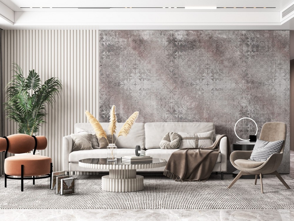 Mürdüm ve Gri Eskitme Dokulu Barok Desenli Duvar Kağıdı