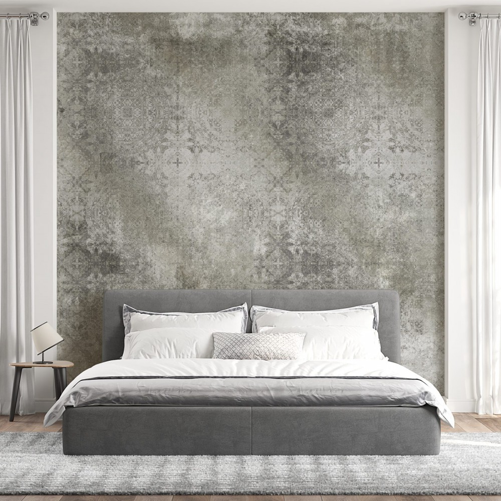 Gri Beton Eskitme Dokulu ve Klasik Motifli Duvar Kağıdı