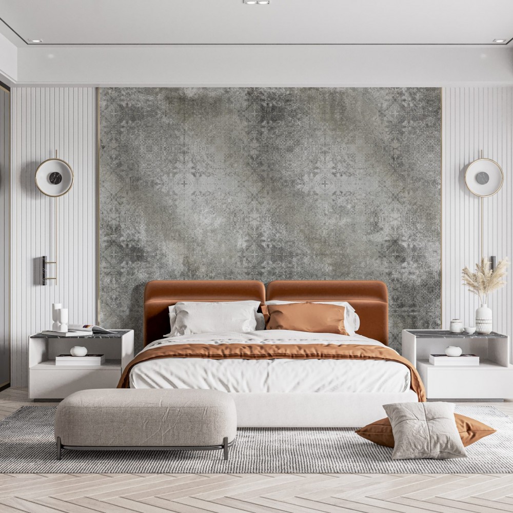Gri Beton Eskitme Dokulu ve Klasik Motifli Duvar Kağıdı