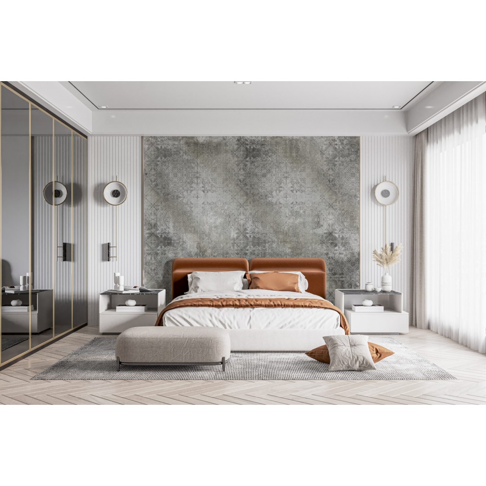 Gri Beton Eskitme Dokulu ve Klasik Motifli Duvar Kağıdı