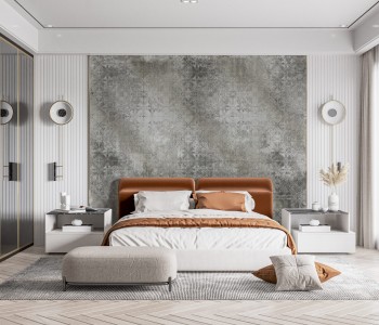 Gri Beton Eskitme Dokulu ve Klasik Motifli Duvar Kağıdı