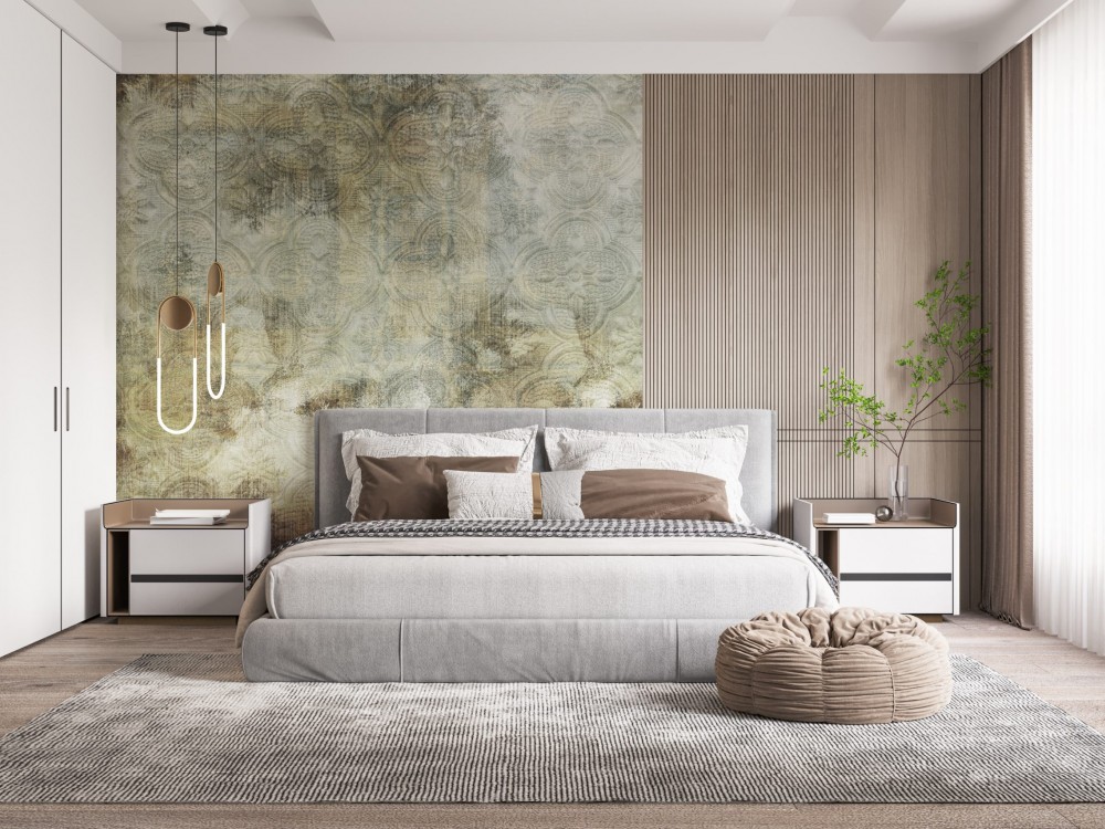 Eskitme Dokulu Klasik Çini Motifli Duvar Kağıdı