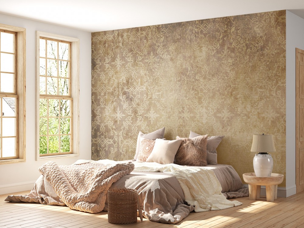 Toprak Tonlu Eskitme Dokulu Barok Desenli Duvar Kağıdı