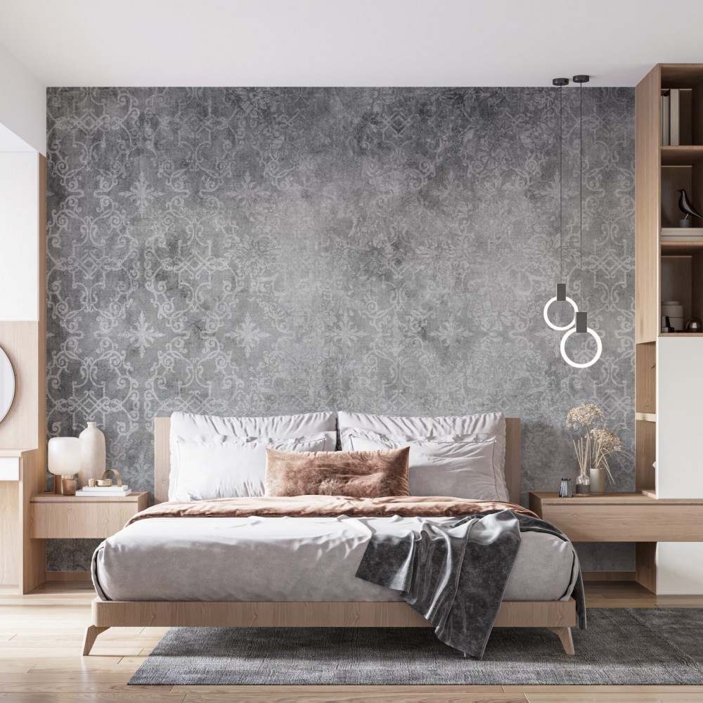 Antrasit Eskitme Zemin Üzerine Damask Desenli Duvar Kağıdı