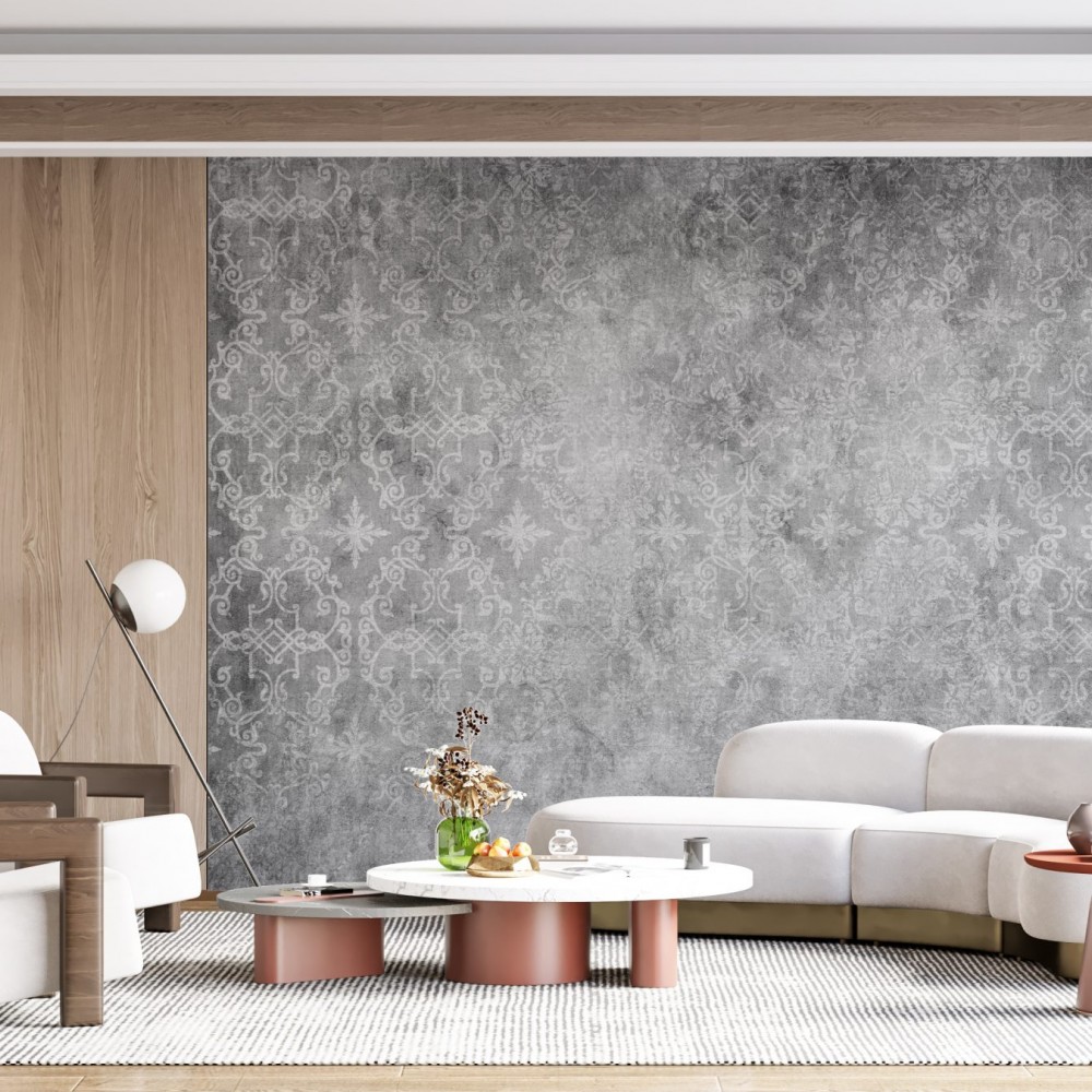Antrasit Eskitme Zemin Üzerine Damask Desenli Duvar Kağıdı