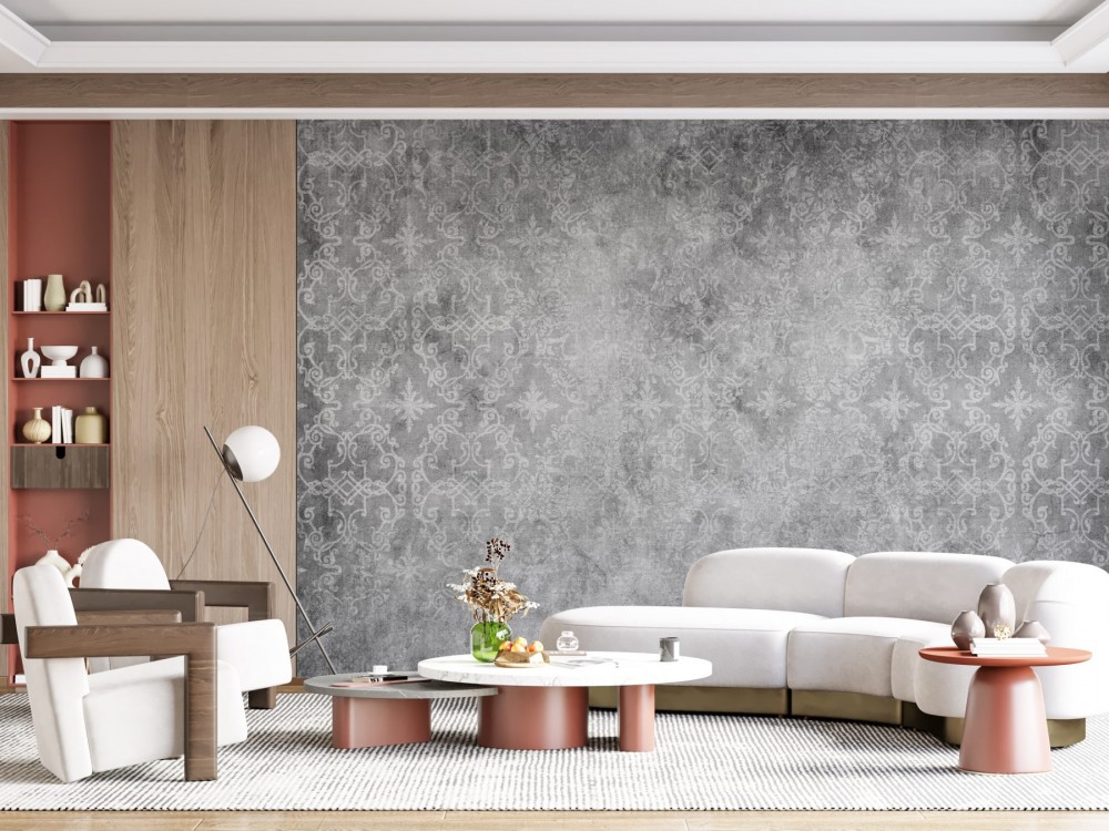 Antrasit Eskitme Zemin Üzerine Damask Desenli Duvar Kağıdı