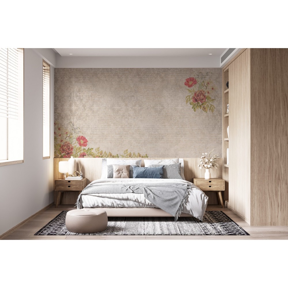 Eskitme Taş Dokulu ve Klasik Çiçek Buketli Duvar Kağıdı