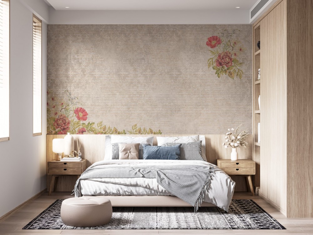 Eskitme Taş Dokulu ve Klasik Çiçek Buketli Duvar Kağıdı