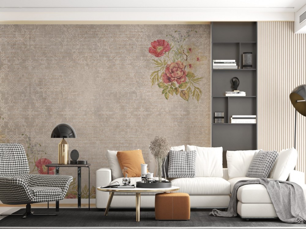 Eskitme Taş Dokulu ve Klasik Çiçek Buketli Duvar Kağıdı