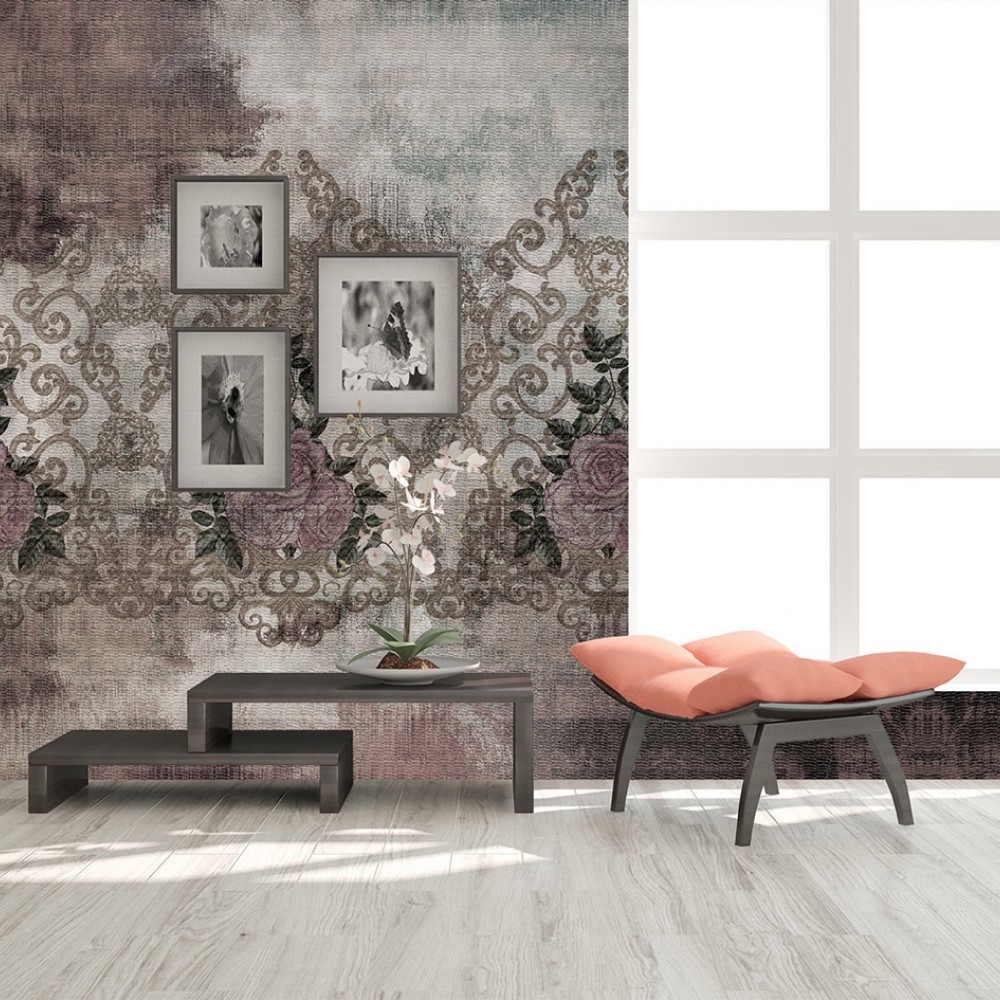 Eskitme Dokulu Barok Gül Desenli Duvar Kağıdı