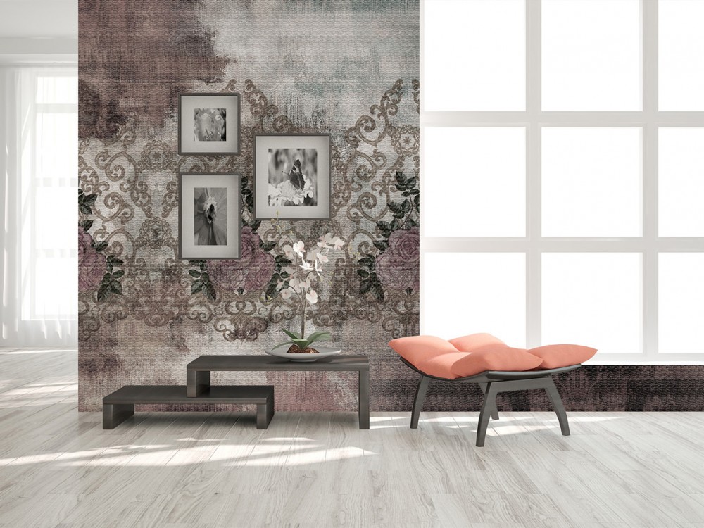 Eskitme Dokulu Barok Gül Desenli Duvar Kağıdı