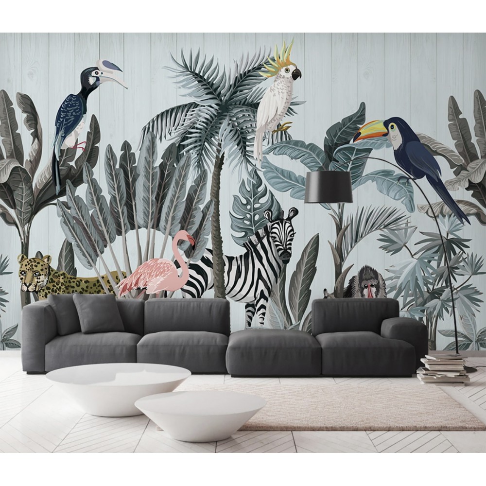 Egzotik Tropikal Orman ve Neşeli Hayvanlar Tasarım Duvar Kağıdı