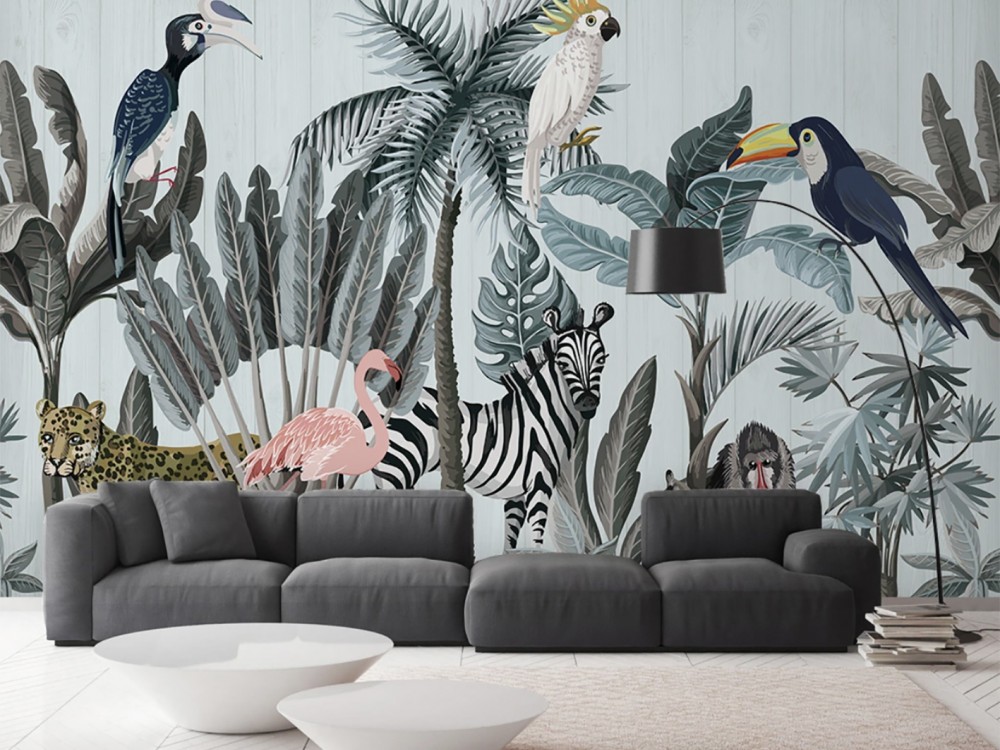 Egzotik Tropikal Orman ve Neşeli Hayvanlar Tasarım Duvar Kağıdı