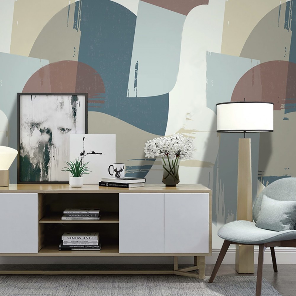 Retro Modern Pastel Tonlu Yarım Daire ve Blok Desenli Duvar Kağıdı