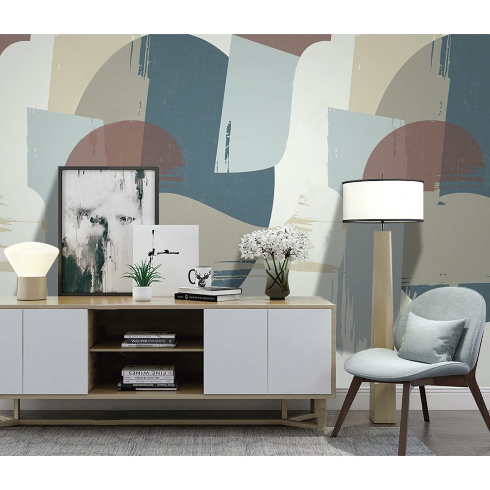 Retro Modern Pastel Tonlu Yarım Daire ve Blok Desenli Duvar Kağıdı
