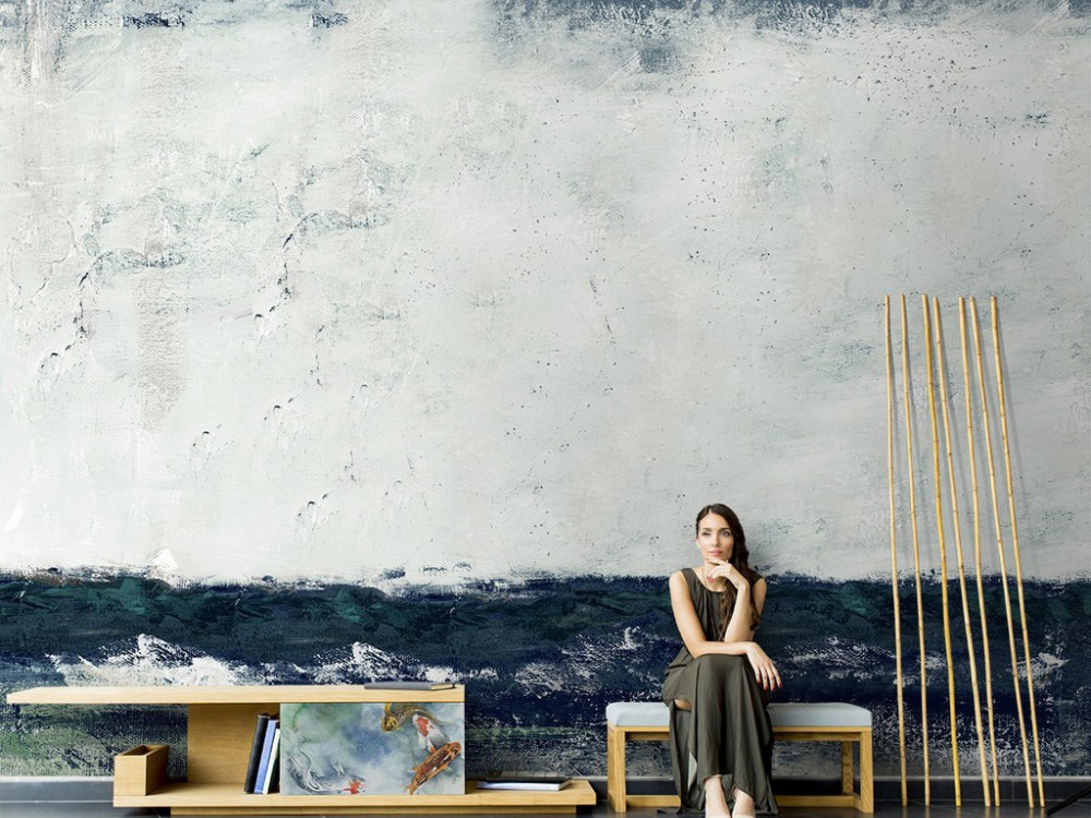 Modern Soyut Ufuk Çizgisi ve Sanatsal Fırça Darbeli Yağlı Boya Efektli Duvar Kağıdı