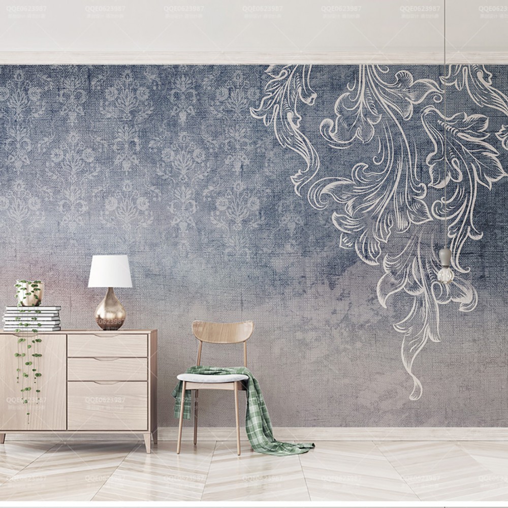 İndigo Denim Dokulu ve El Çizimi Beyaz Barok Motifli Duvar Kağıdı İndigo Denim Dokulu ve El Çizimi Beyaz Barok Motifli Duvar Kağıdı